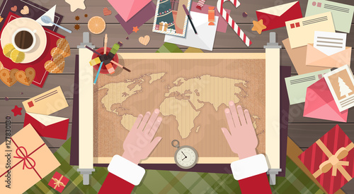 Zdjęcie XXL Santa klauzula Bożenarodzeniowego postać z kreskówki biurka mapy świata Siedzącego pojęcia Płaska Wektorowa ilustracja