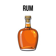Full Jamaican Rum Bellied Bottle, Sketch Style Vector Illustration Isolated On White Background. Realistic Hand Drawing Of An Unlabeled, Unopened Rum, Brandy, Whiskey Bottle