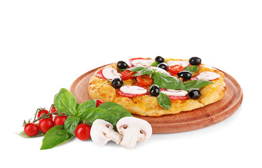 Poster - Tasty pizza with mushrooms, branch of cherry tomatoes, olives and basil on wooden board and white background