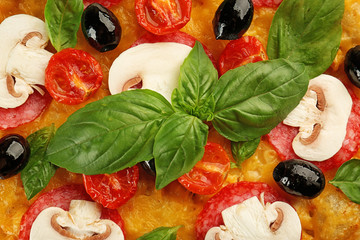 Poster - Delicious pizza with mushrooms, cherry tomatoes, olives and basil, closeup