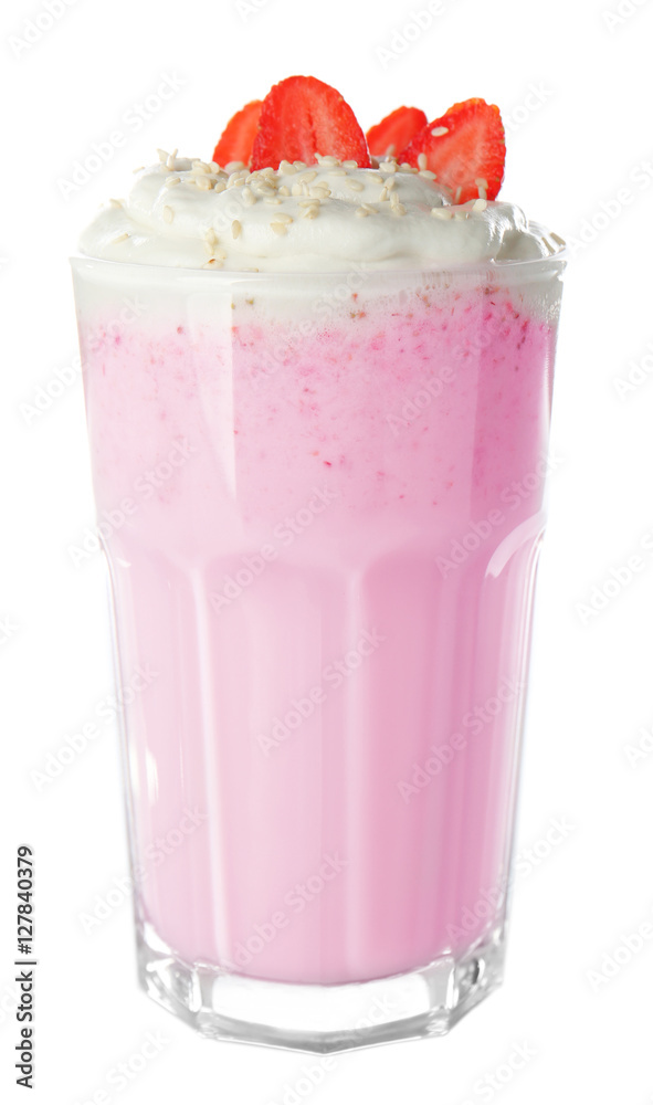 Strawberry milk shake on white background