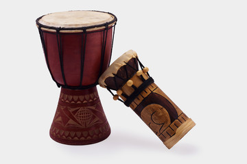 Two drums made in Kenya. Africa. They are isolated on a white background with clipping paths.