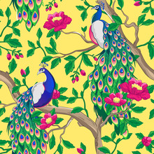 Floral Pattern With Peacock And Pink Flowers.