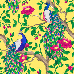 Wall Mural - floral pattern with peacock and pink flowers.