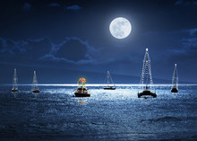 This Photo Illustration Depicts A Warm Ocean Christmas Holiday Scene With Full Moon, A Small Group Of Boats Decorated With Lights And A Decorated Palm Tree As The Christmas Tree.