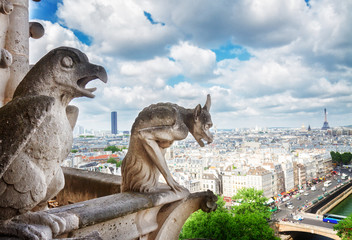 Canvas Print - Gargoyle of Paris on Notre Dame Cathedral church and Paris cityscape with Eiffel Tower, France, retro toned