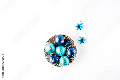 round box with bright blue christmas balls on white background flat lay top view - Blue Christmas Balls round box with bright blue christmas balls on white background flat lay top view - Blue Christmas Balls