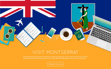 Wall Mural - Visit Montserrat concept for your web banner or print materials. Top view of a laptop, sunglasses and coffee cup on Montserrat national flag. Flat style travel planninng website header.