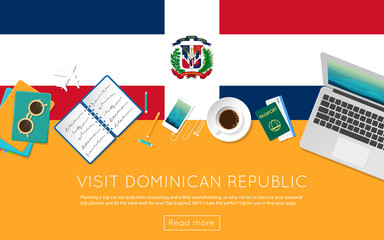 Wall Mural - Visit Dominican Republic concept for your web banner or print materials. Top view of a laptop, sunglasses and coffee cup on Dominican Republic national flag.