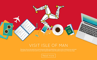 Wall Mural - Visit Isle of Man concept for your web banner or print materials. Top view of a laptop, sunglasses and coffee cup on Isle of Man national flag. Flat style travel planninng website header.