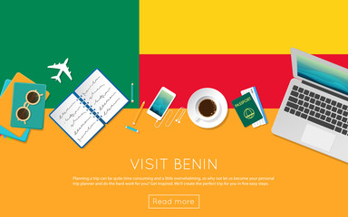 Wall Mural - Visit Benin concept for your web banner or print materials. Top view of a laptop, sunglasses and coffee cup on Benin national flag. Flat style travel planninng website header.