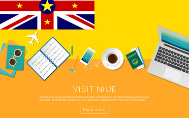 Wall Mural - Visit Niue concept for your web banner or print materials. Top view of a laptop, sunglasses and coffee cup on Niue national flag. Flat style travel planninng website header.