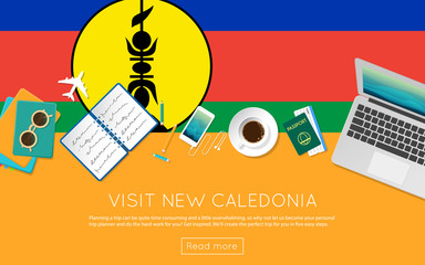 Wall Mural - Visit New Caledonia concept for your web banner or print materials. Top view of a laptop, sunglasses and coffee cup on New Caledonia national flag. Flat style travel planninng website header.