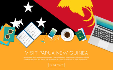 Wall Mural - Visit Papua New Guinea concept for your web banner or print materials. Top view of a laptop, sunglasses and coffee cup on Papua New Guinea national flag. Flat style travel planninng website header.