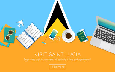 Wall Mural - Visit Saint Lucia concept for your web banner or print materials. Top view of a laptop, sunglasses and coffee cup on Saint Lucia national flag. Flat style travel planninng website header.