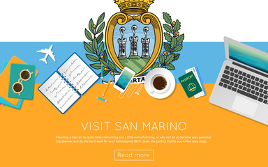 Wall Mural - Visit San Marino concept for your web banner or print materials. Top view of a laptop, sunglasses and coffee cup on San Marino national flag. Flat style travel planninng website header.