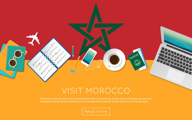 Wall Mural - Visit Morocco concept for your web banner or print materials. Top view of a laptop, sunglasses and coffee cup on Morocco national flag. Flat style travel planninng website header.