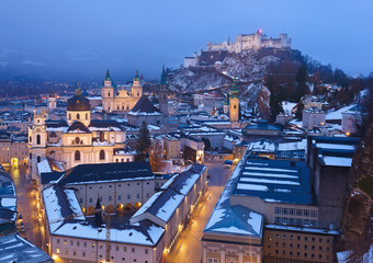 Wall Mural - City and castle Hohensalzburg at sunset