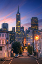 San Francisco Downtown At Sunrise - Night. Famous Typical Buildings In Front. California Theme.