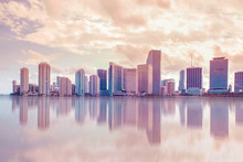 Beautiful Miami Florida Skyline At Sunset And Biscayne Bay