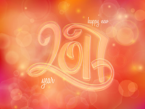 vector new 2017 year greetings poster with hand lettering neon number on a blur background