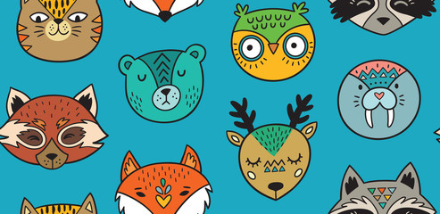 Wall Mural - Seamless pattern with animals portrait