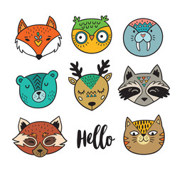 Poster - Set of vector animal faces in Scandinavian style