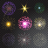Fototapeta Kuchnia - Set of coloured firework isolated on transparent background. Vector illustration