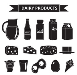 Canvas Print - Dairy products icon set silhouette style. Milk products isolated on white background. Milk and Cheese collection. Farm foods. Vector illustration