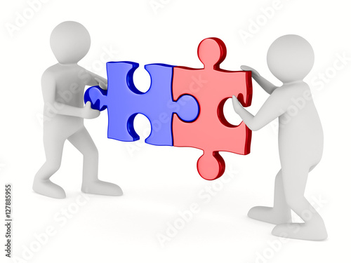 Two man with puzzle on white background. Isolated 3D image