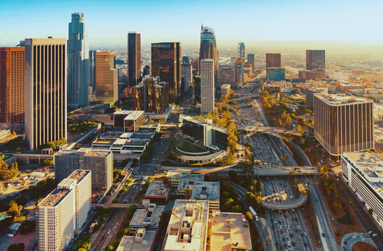 aerial view of a downtown la at sunset