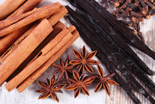 Cinnamon Sticks, Vanilla, Star Anise And Cloves On Wooden Surface