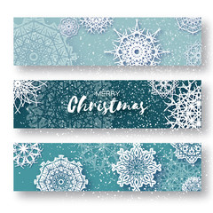 Wall Mural - Set of 3 Merry Christmas banner with origami white snowflake.