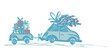 © zzayko - Greeting card with Christmas tree on car roof and car trailer with xmas gifts.