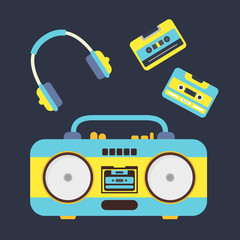 Sticker - Cartoon Boombox, Cassettes and Headphones. Vector