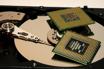 Close Up of Hard Disk with two CPU (Processors)