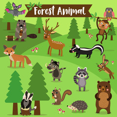 Wall Mural - Forest Animal cartoon. Bat. Owl. Fox. Deer. Bear. Raccoon. Monkey. Squirrel. Hedgehog. Skunk. Warthog. Beaver. Hare. Badger. Vector illustration.