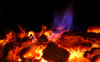 Beautiful fire in the fireplace or campfire with hot coals close-up macro. Languages spurts of blue flame on embers.