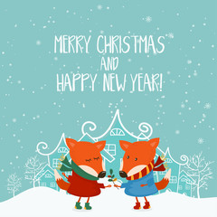 Cartoon illustration for holiday theme with fox on winter backgr