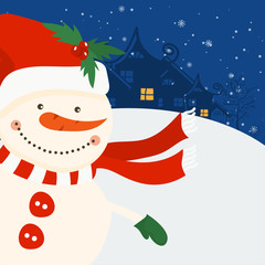 Cartoon illustration for holiday theme with snowman on winter ba