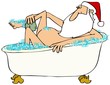 Illustration of Santa Claus taking a bubble bath in an old fashioned tub.