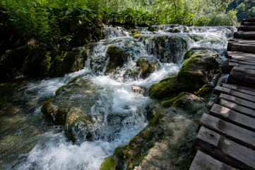 Beautiul waterfall in the forest. Plitvice Lakes in National Park in Croatia. 