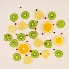  Fruit texture. Background of various sliced fruits