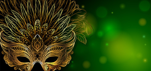 Wall Mural - Vector Illustration. Golden carnival mask with feathers. Beautiful concept design for greeting card, party invitation, banner or flyer.