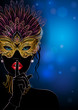 Vector Illustration. A mysterious lady in golden carnival mask with feathers, put a finger on lips in a hush gesture. Beautiful concept design for greeting card, party invitation, banner or flyer.