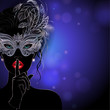Vector Illustration. A mysterious lady in silver carnival mask with feathers, put a finger on lips in a hush gesture. Beautiful concept design for greeting card, party invitation, banner or flyer.