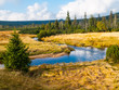 Small mountain creek meandering in the middle of meadows and forest. Sunny day with blue sky and white clouds in Jizera Mountains, Northern Bohemia, Czech Republic.