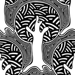 Seamless pattern, vector hand drawn repeating illustration, decorative ornamental stylized endless trees. Black and white astract seamles graphic illustration. Artistic line drawing silhouette.