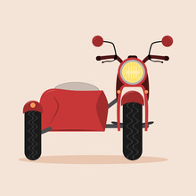 Vintage Motorcycle With Sidecar. Isolated Vector Illustration. Red Color.
