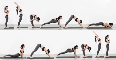 Poster - Young woman practicing yoga, white background. Sport concept.